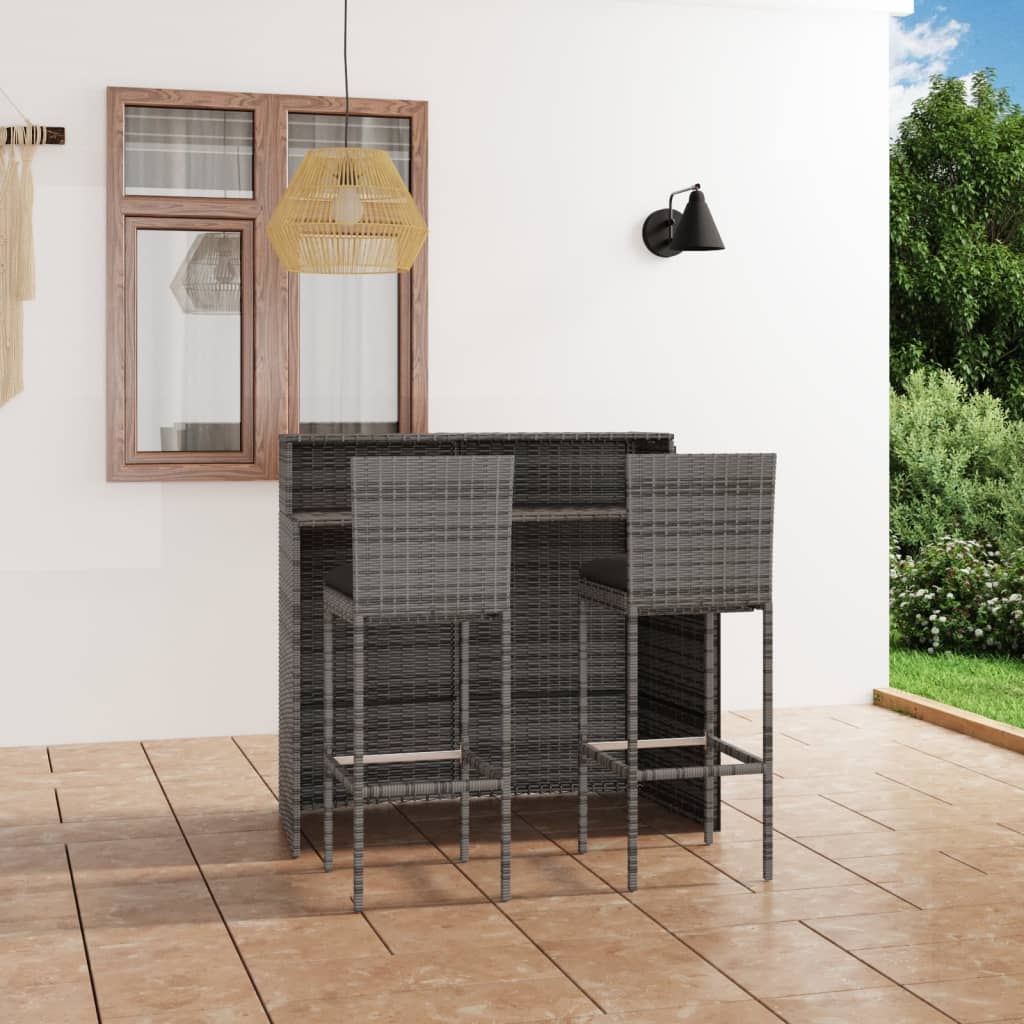3 Pcs conjunto de bar para jardim com almofadões cinzento