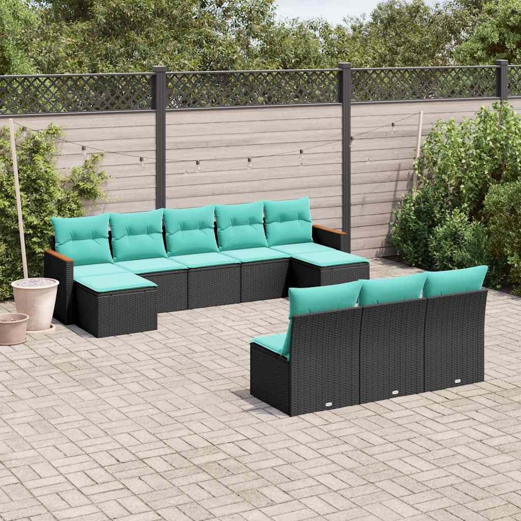 Conjunto de sofá de jardim com 10 peças e almofadas em rattan sintético preto