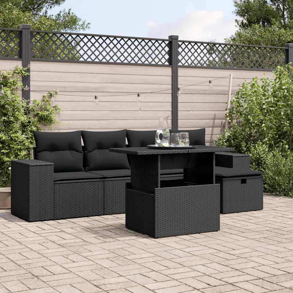 6 Pcs conjunto sofás de jardim c/ almofadões vime PE preto