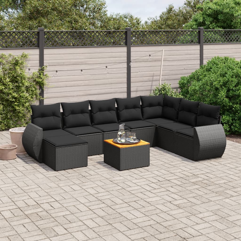 9 Pcs conjunto de sofás p/ jardim c/ almofadões vime PE preto