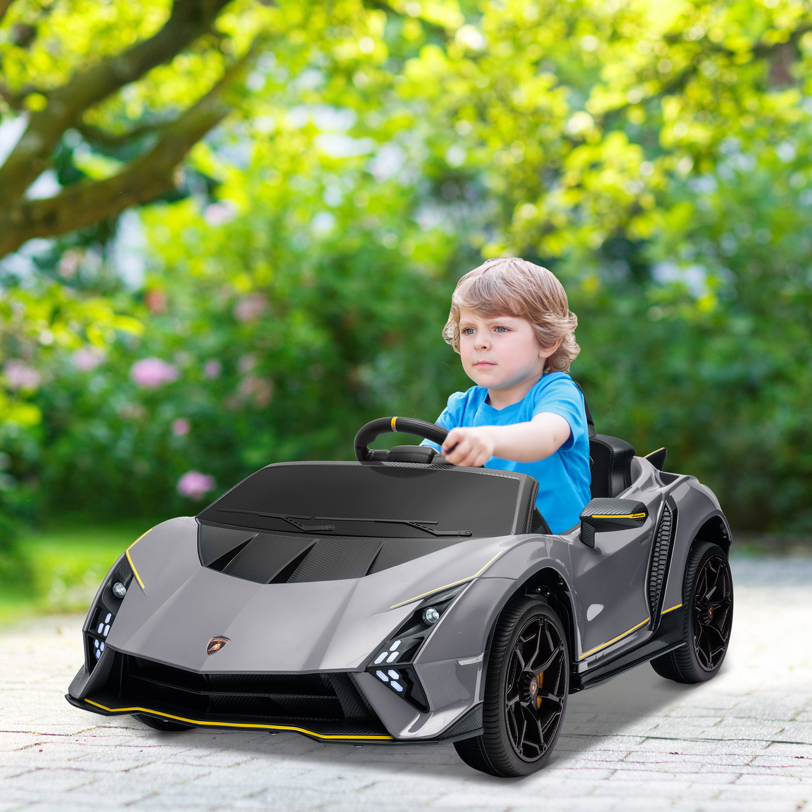 Carro elétrico para crianças lamborghini 12v controlo remoto faróis buzina arranque lento e música mp3 114,5x64x45,5 cm cinza
