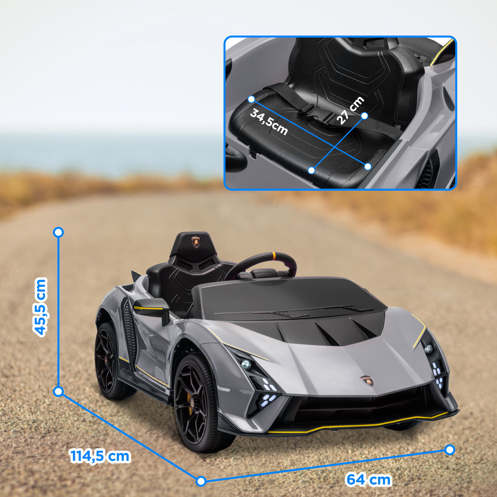Carro elétrico para crianças lamborghini 12v controlo remoto faróis buzina arranque lento e música mp3 114,5x64x45,5 cm cinza