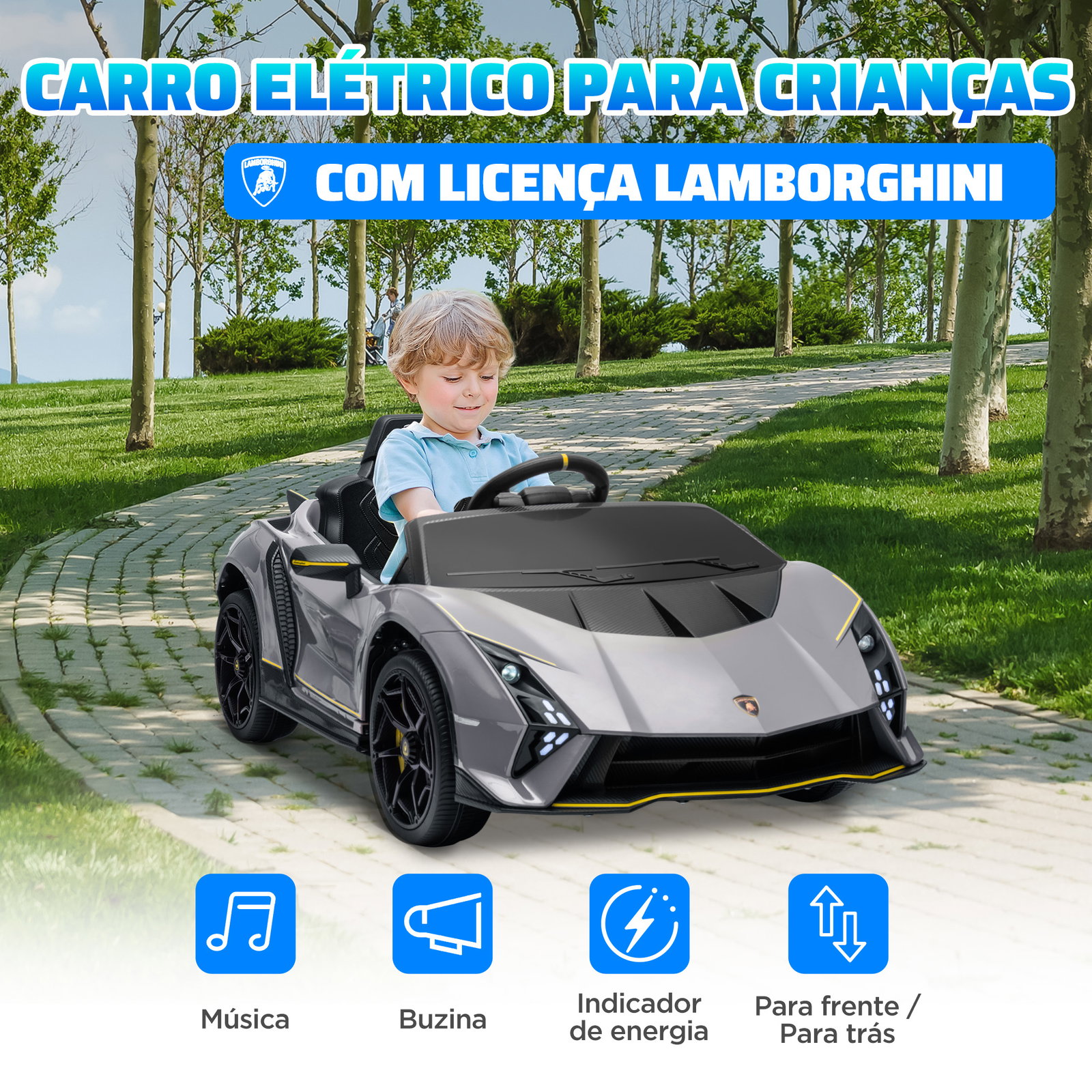 Carro elétrico para crianças lamborghini 12v controlo remoto faróis buzina arranque lento e música mp3 114,5x64x45,5 cm cinza