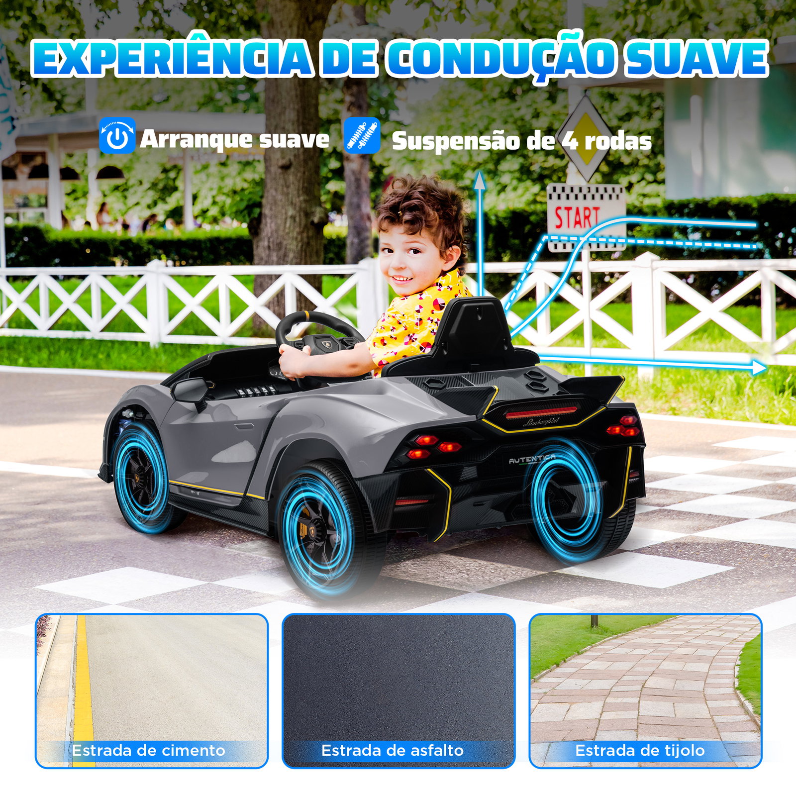 Carro elétrico para crianças lamborghini 12v controlo remoto faróis buzina arranque lento e música mp3 114,5x64x45,5 cm cinza