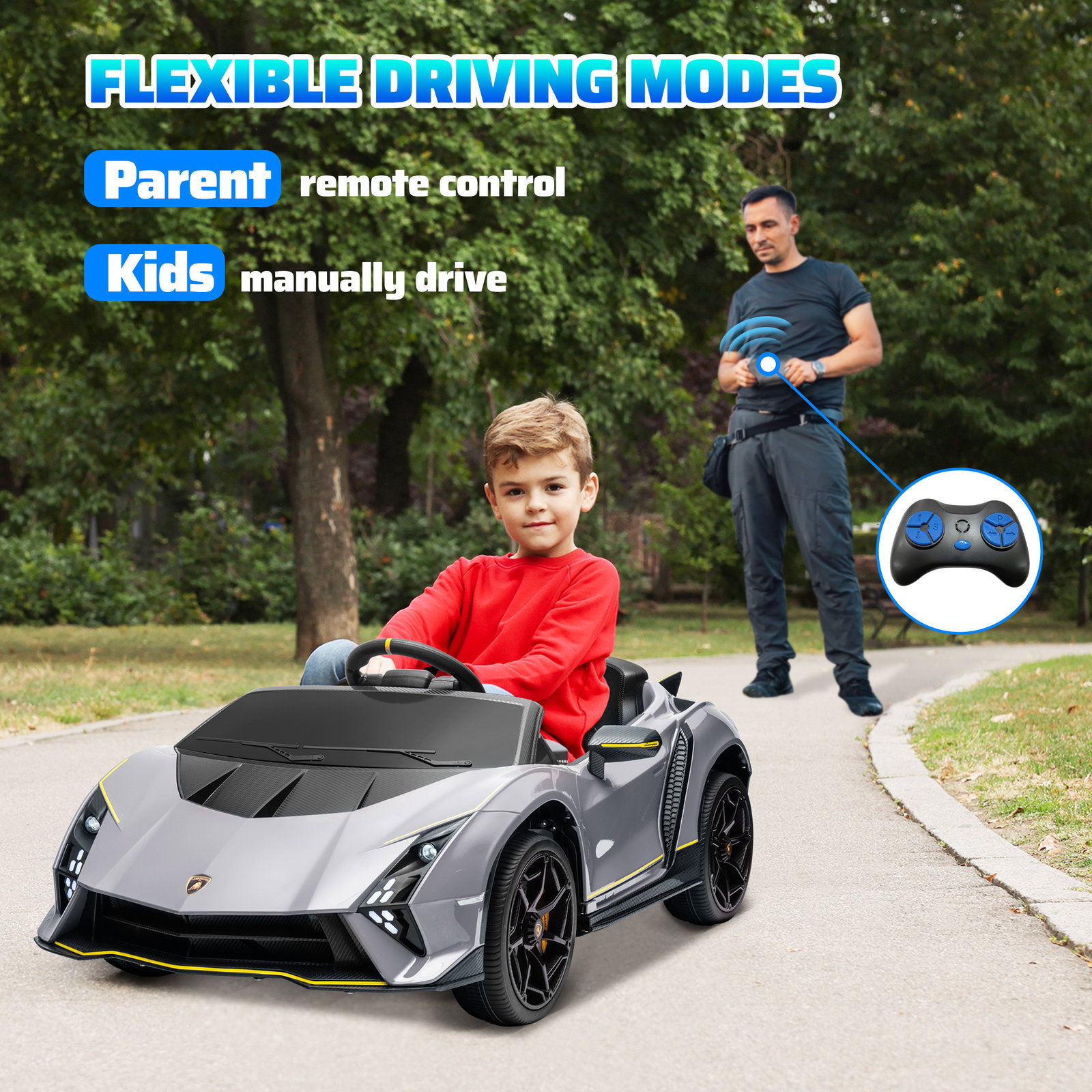 Carro elétrico para crianças lamborghini 12v controlo remoto faróis buzina arranque lento e música mp3 114,5x64x45,5 cm cinza