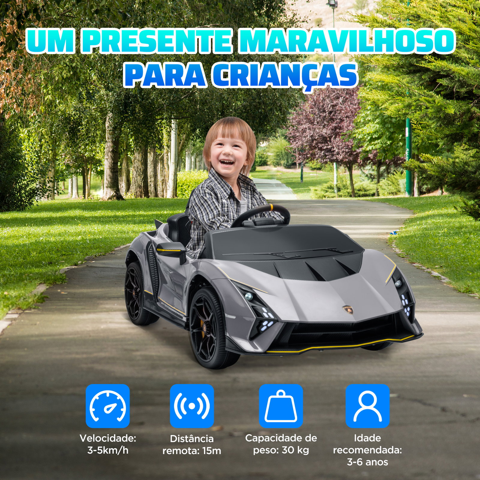 Carro elétrico para crianças lamborghini 12v controlo remoto faróis buzina arranque lento e música mp3 114,5x64x45,5 cm cinza