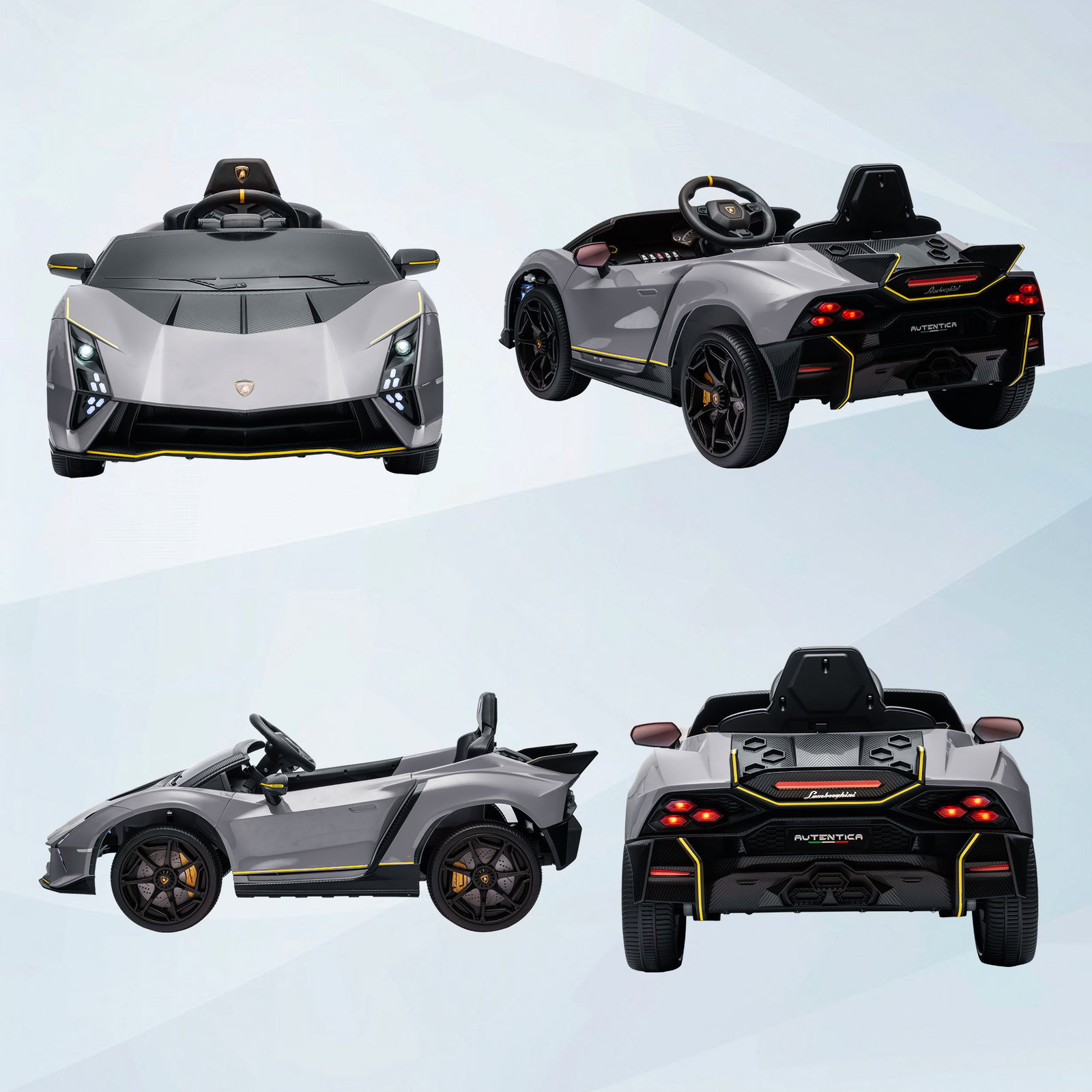 Carro elétrico para crianças lamborghini 12v controlo remoto faróis buzina arranque lento e música mp3 114,5x64x45,5 cm cinza