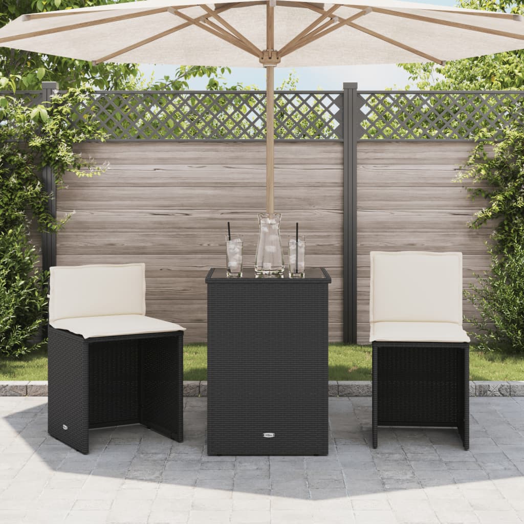 3 Pcs conjunto de bistrô com almofadões vime PE preto