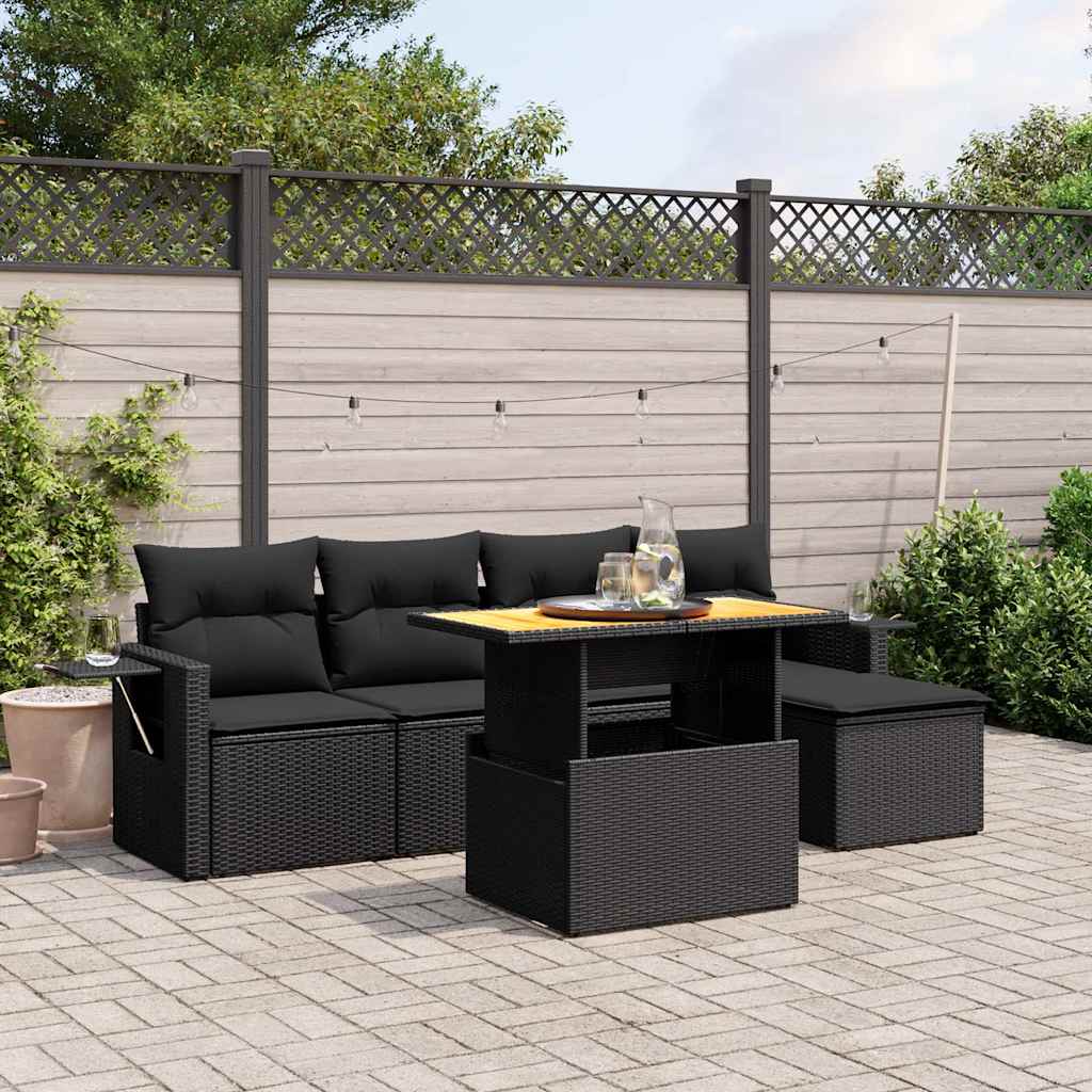 6 Pcs conjunto sofás de jardim c/ almofadões vime PE preto
