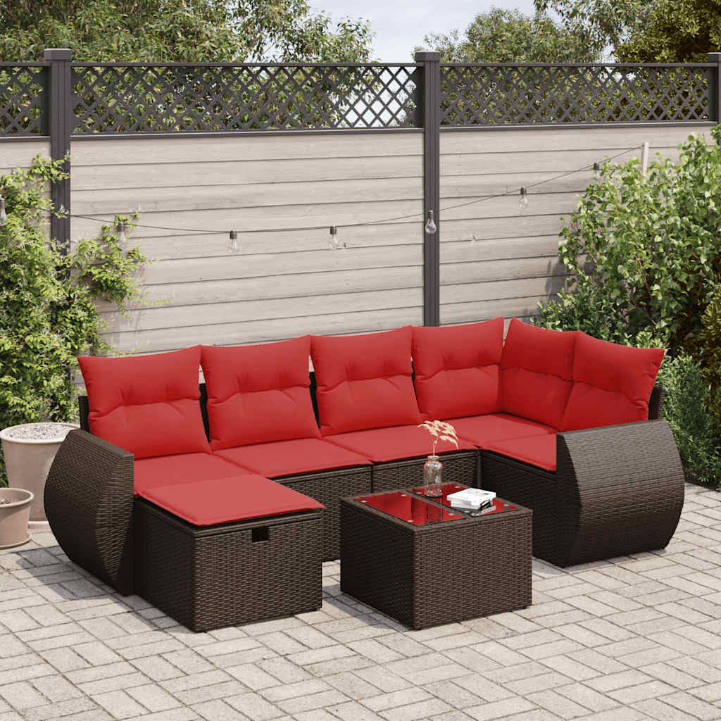 7 Pcs conjunto de sofás jardim c/ almofadões vime PE castanho