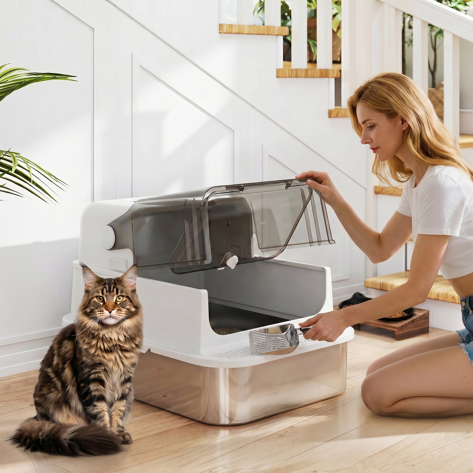 Caixa de areia para gatos xxl em aço inoxidável com tampa basculante, laterais altas e entrada superior - branco