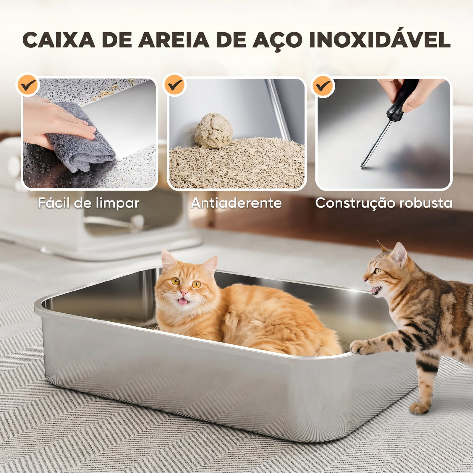 Caixa de areia para gatos xxl em aço inoxidável com tampa basculante, laterais altas e entrada superior - branco