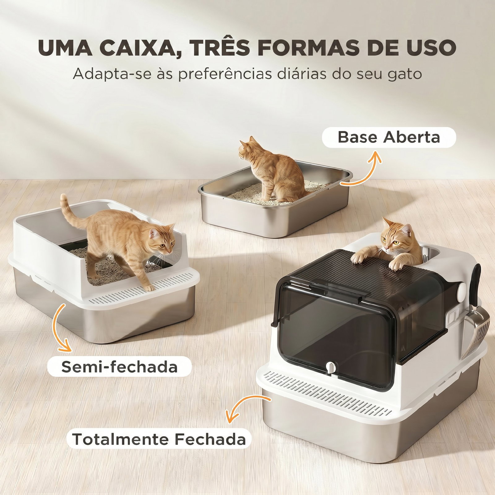 Caixa de areia para gatos xxl em aço inoxidável com tampa basculante, laterais altas e entrada superior - branco