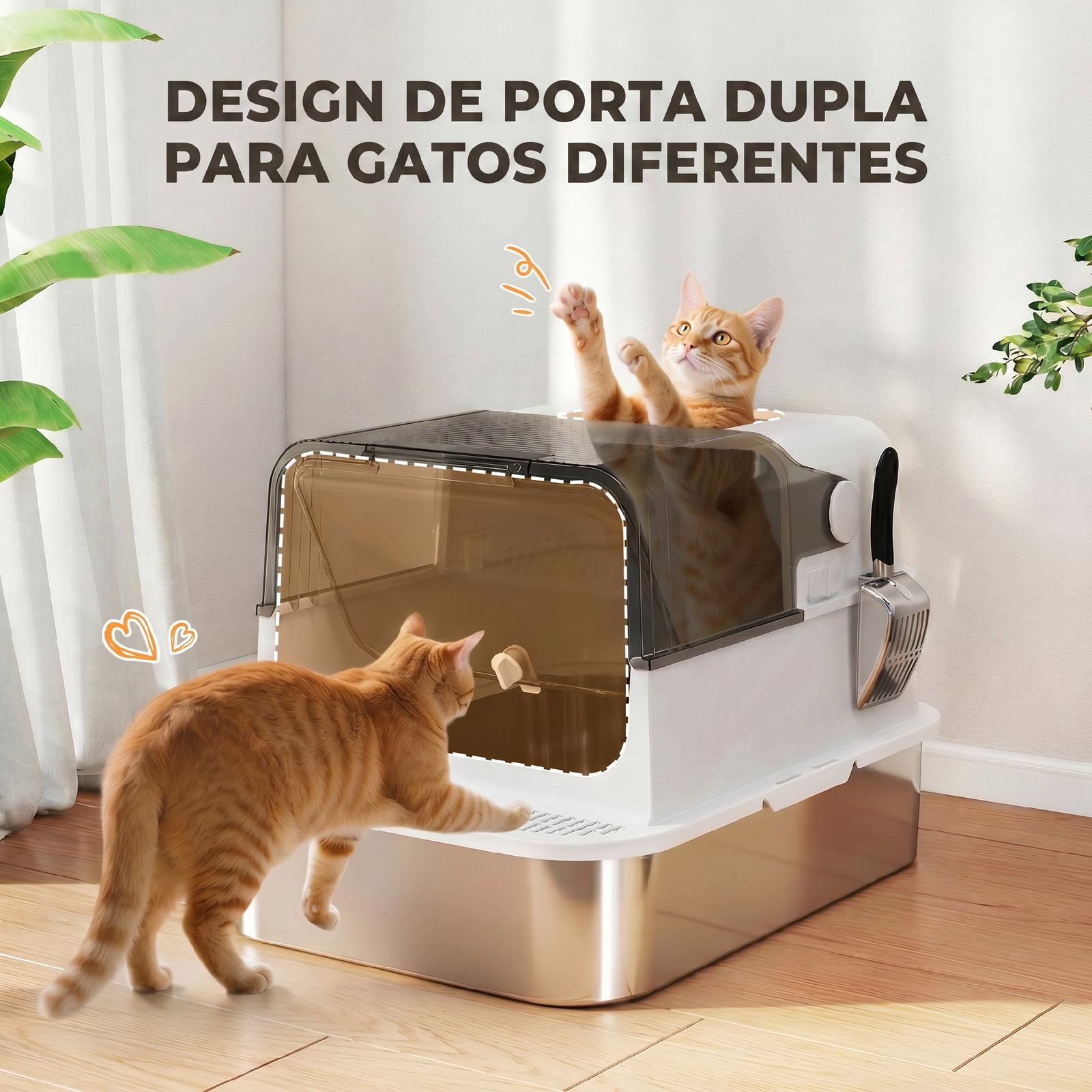 Caixa de areia para gatos xxl em aço inoxidável com tampa basculante, laterais altas e entrada superior - branco