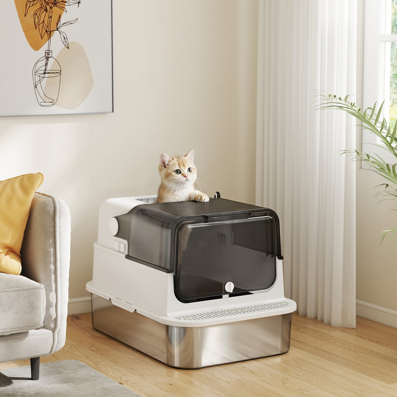 Caixa de areia para gatos xxl em aço inoxidável com tampa basculante, laterais altas e entrada superior - branco