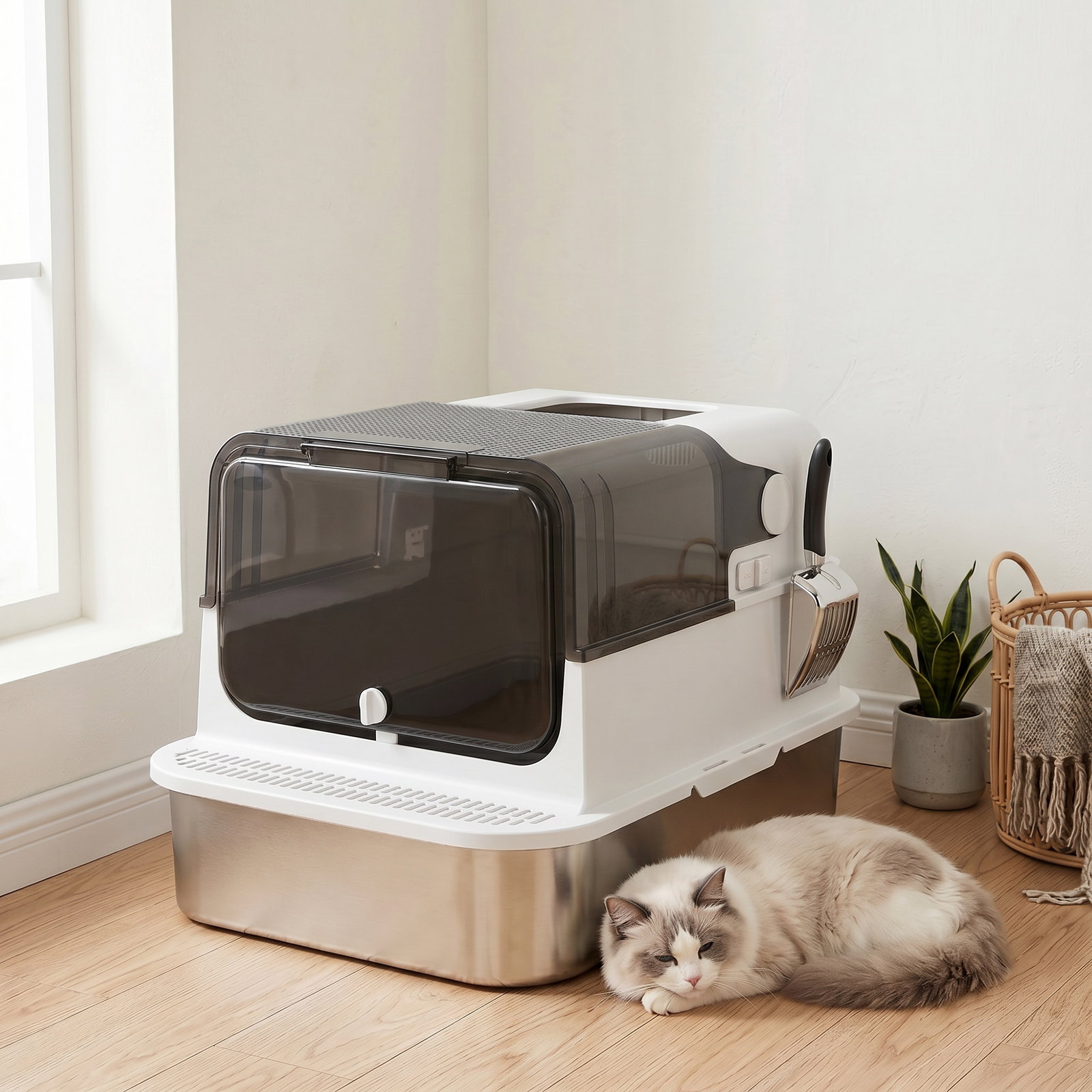 Caixa de areia para gatos xxl em aço inoxidável com tampa basculante, laterais altas e entrada superior - branco