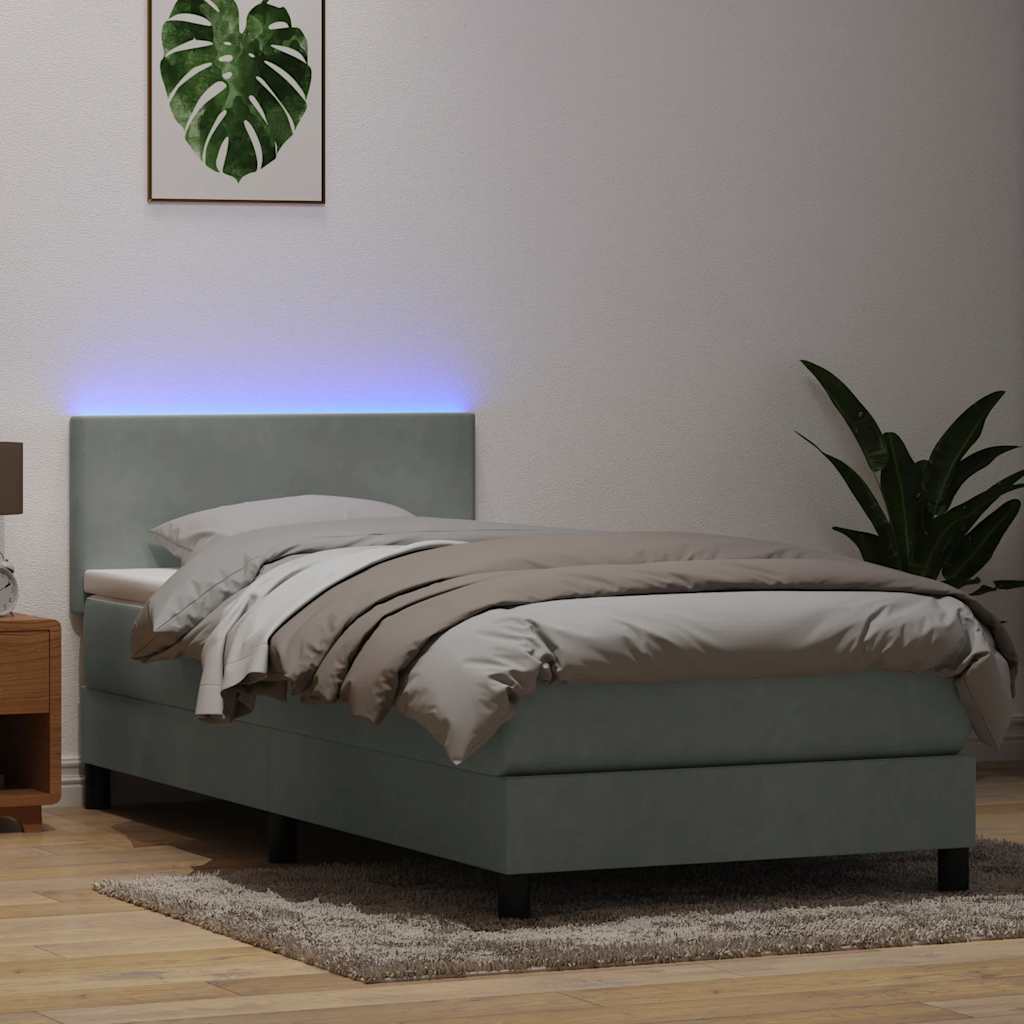 Cama box spring c/ colchão e LED cinzento-claro 80x210 cm veludo