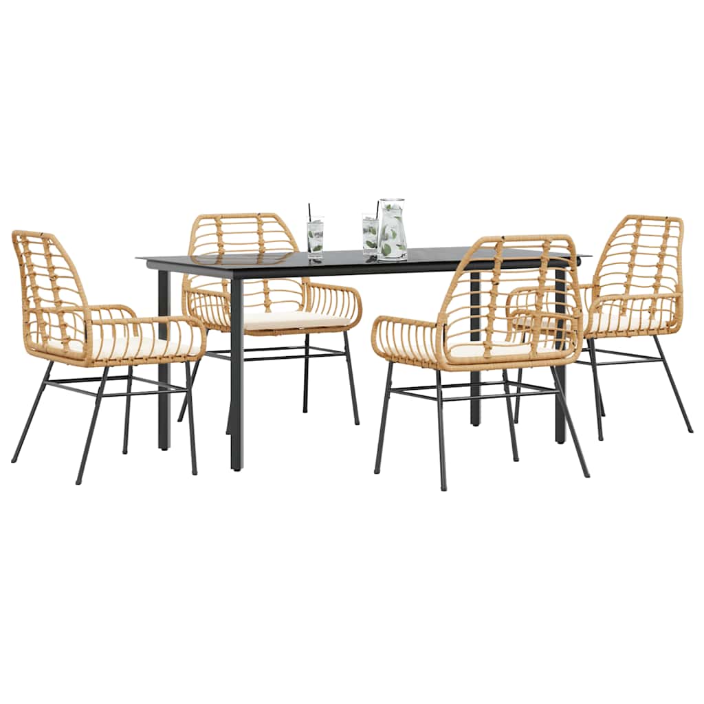 Conjunto jantar jardim 5 peças almofadas vidro vime PE castanho