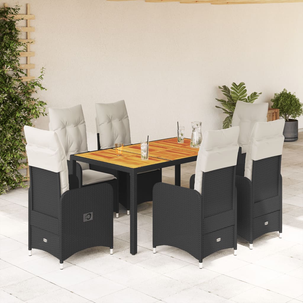 7 Pcs conjunto de bistrô p/ jardim c/ almofadões vime PE preto