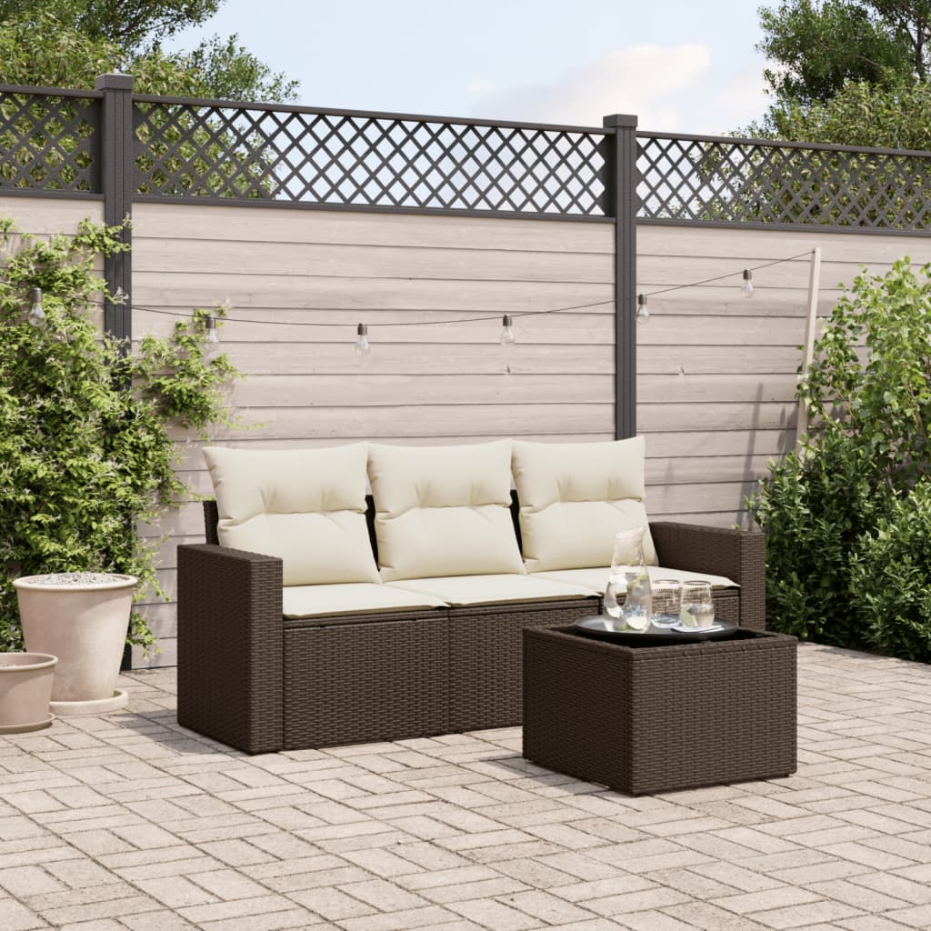 4 Pcs conjunto sofás de jardim c/ almofadões vime PE castanho
