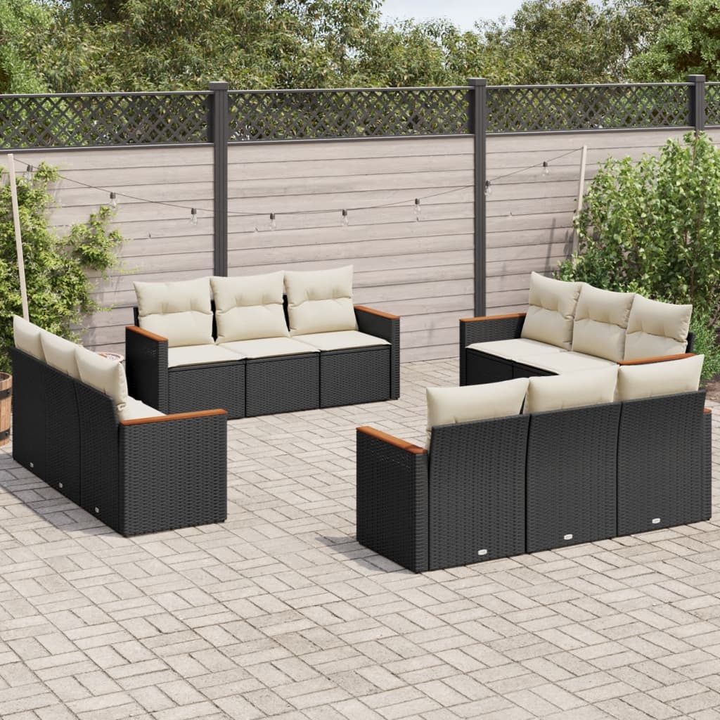 12 Pcs conjunto de sofás de jardim c/ almofadões vime PE preto