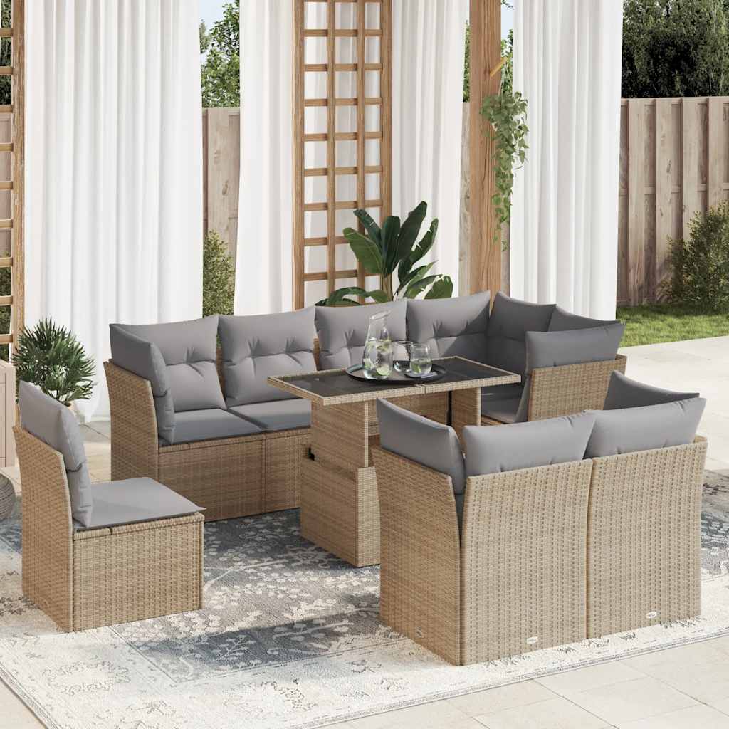9 Pcs conjunto de sofás p/ jardim com almofadões vime PE bege