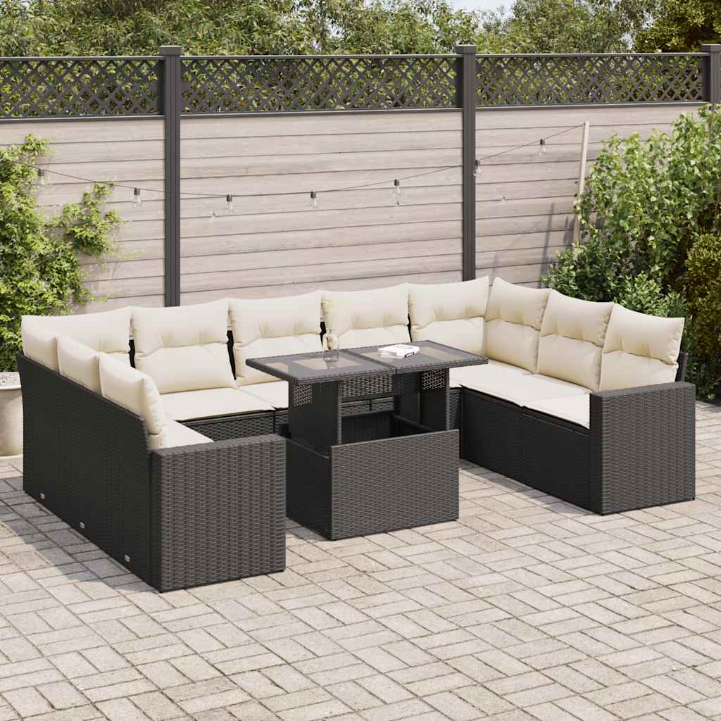 10 Pcs conjunto sofás de jardim c/ almofadões vime PE preto