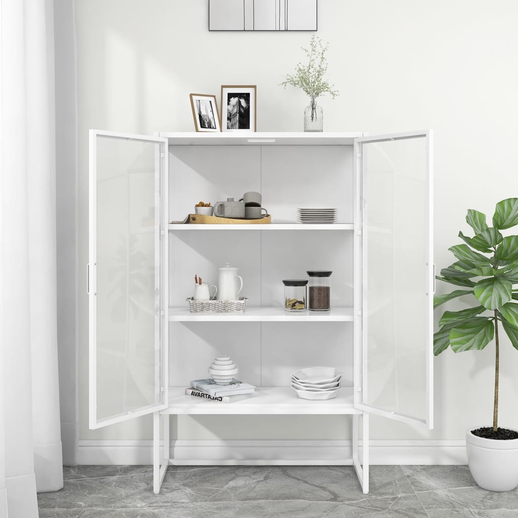 Aparador alto 80x35x135 cm vidro temperado e aço branco