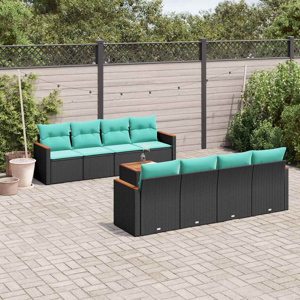 Conjunto de sofá de jardim de 9 peças com almofadas em rattan sintético preto