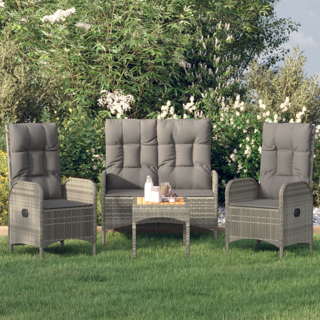 4 Pcs conjunto de jantar p/ jardim c/ almofadões vime PE cinza