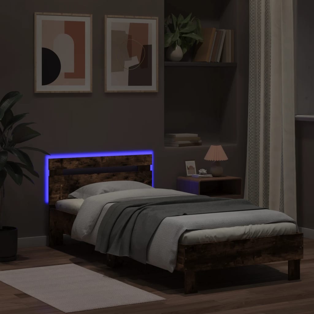 Estrutura cama c/ cabeceira/luzes LED 90x200 cm carvalho fumado