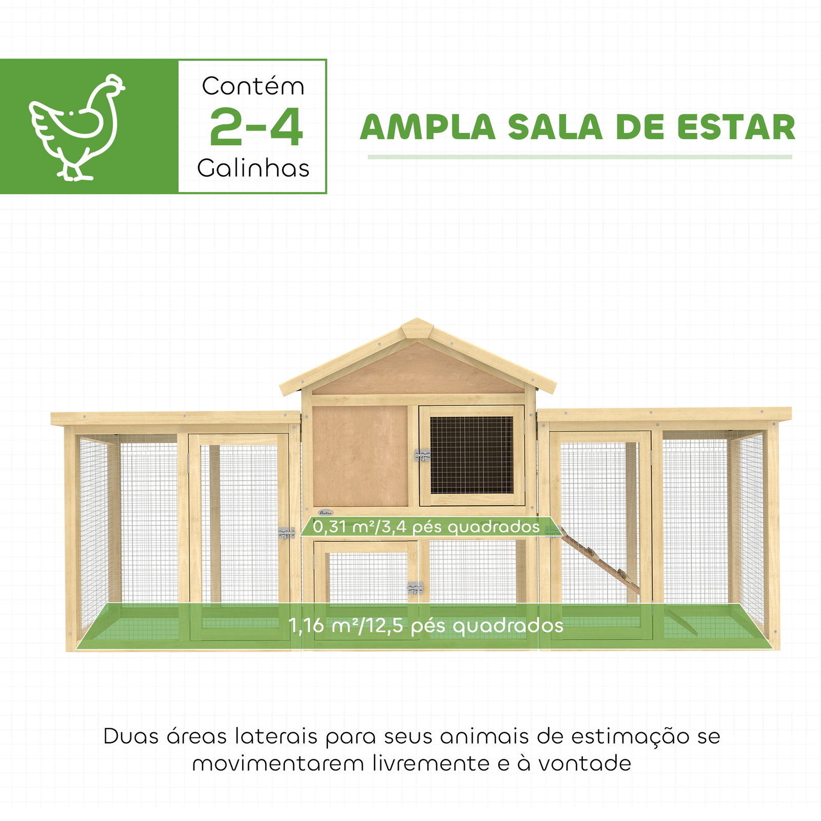 Galinheiro grande para exterior em madeira 204x85x93 cm com caixa de ninho cercado bandeja removível e poleiro madeira