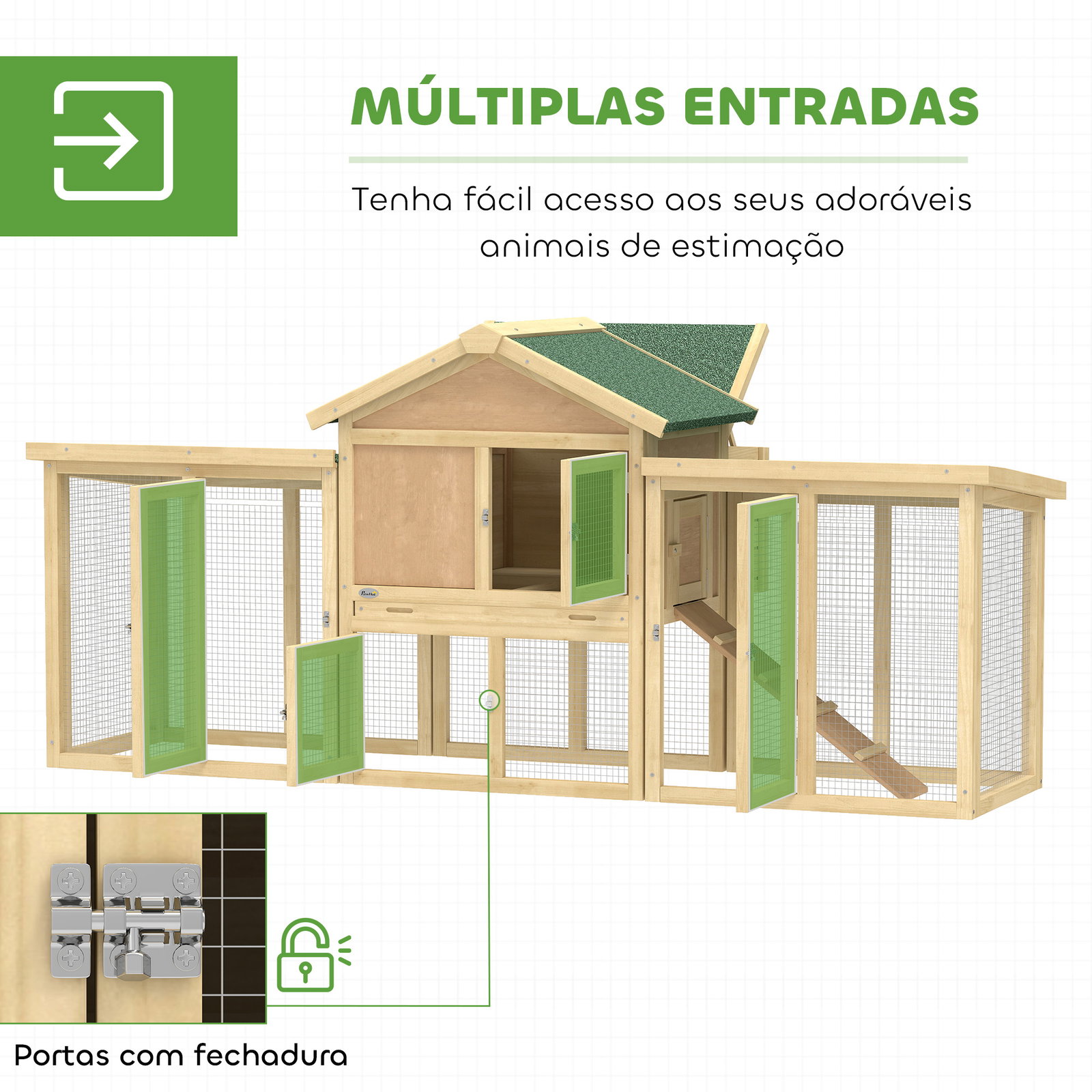 Galinheiro grande para exterior em madeira 204x85x93 cm com caixa de ninho cercado bandeja removível e poleiro madeira