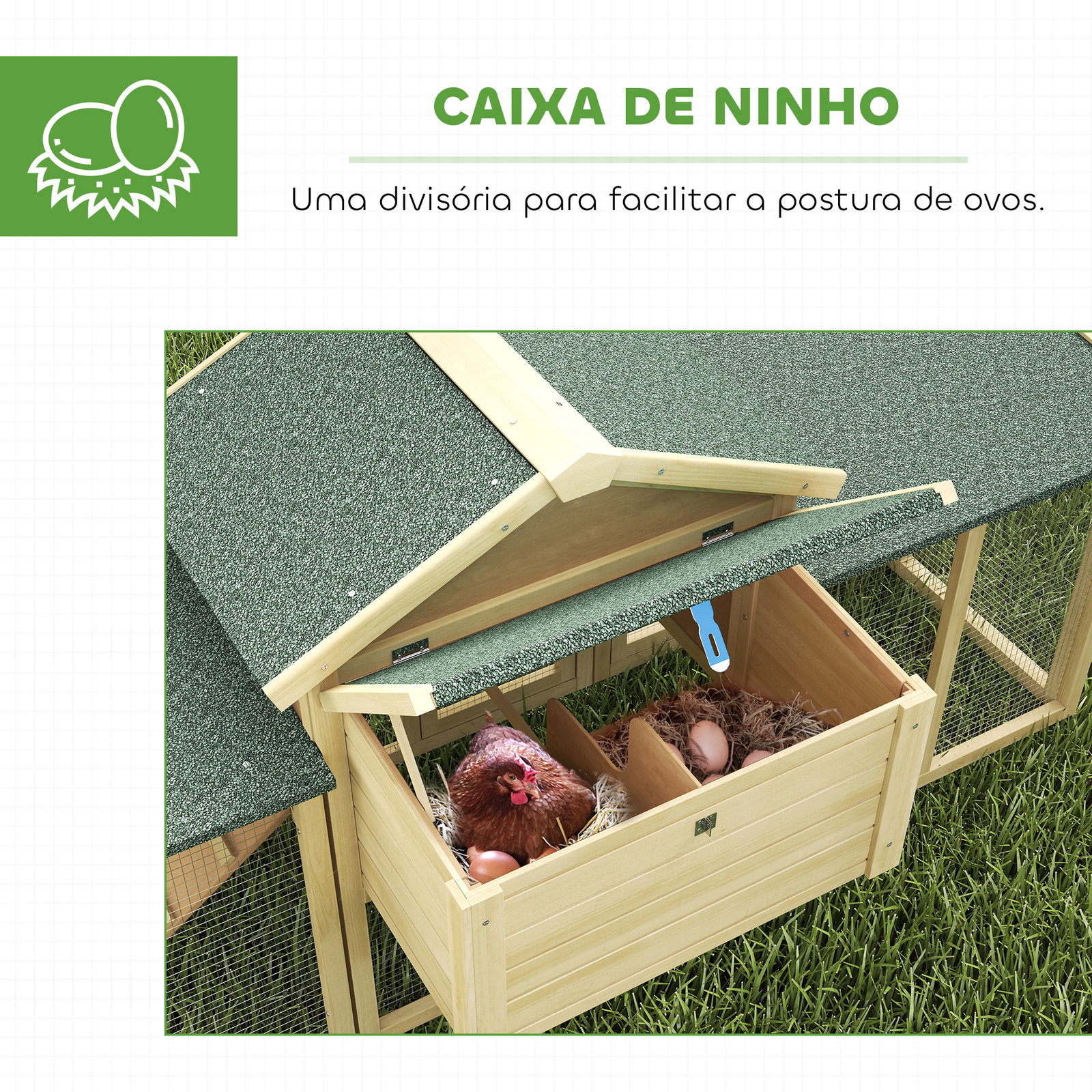 Galinheiro grande para exterior em madeira 204x85x93 cm com caixa de ninho cercado bandeja removível e poleiro madeira