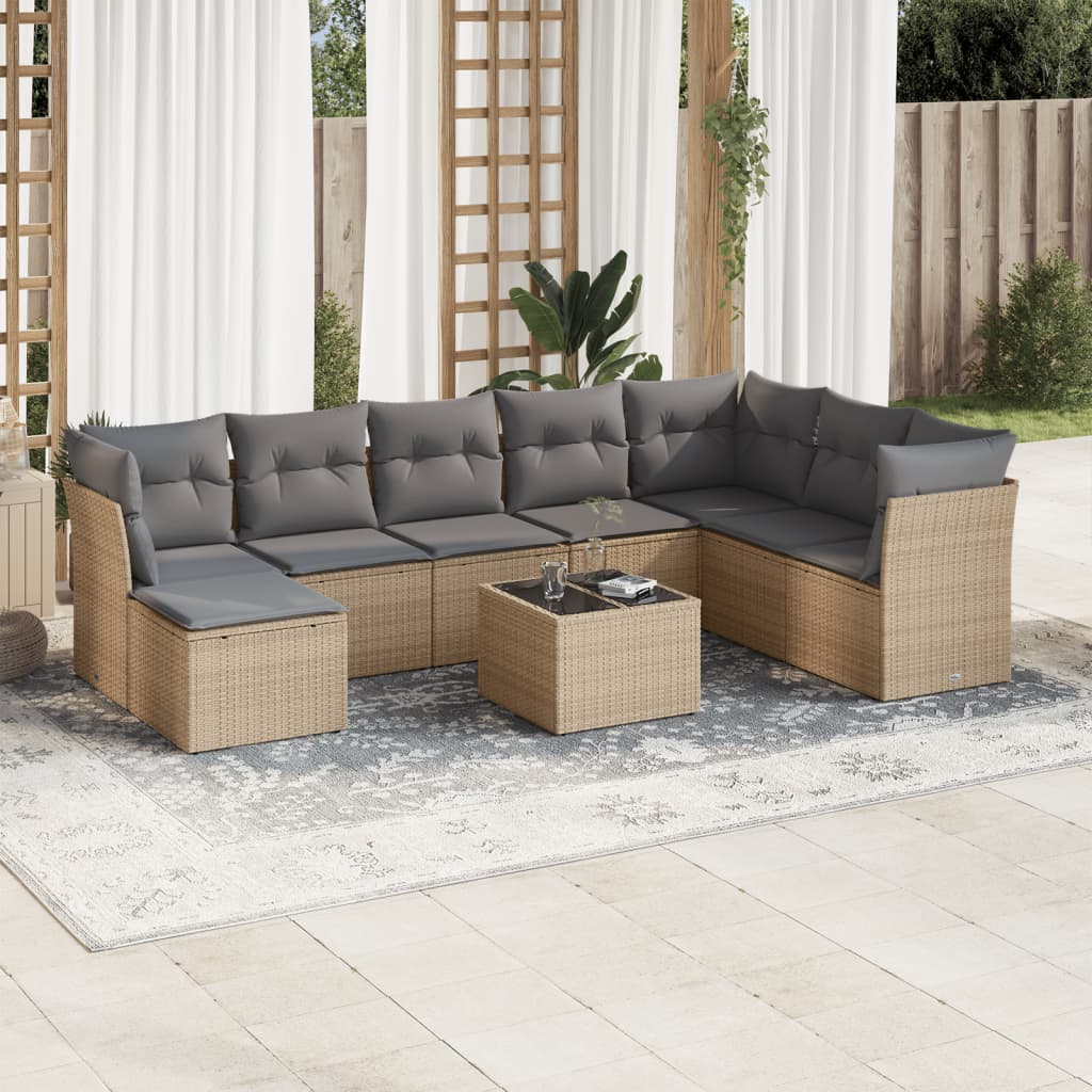 9 Pcs conjunto de sofás p/ jardim com almofadões vime PE bege