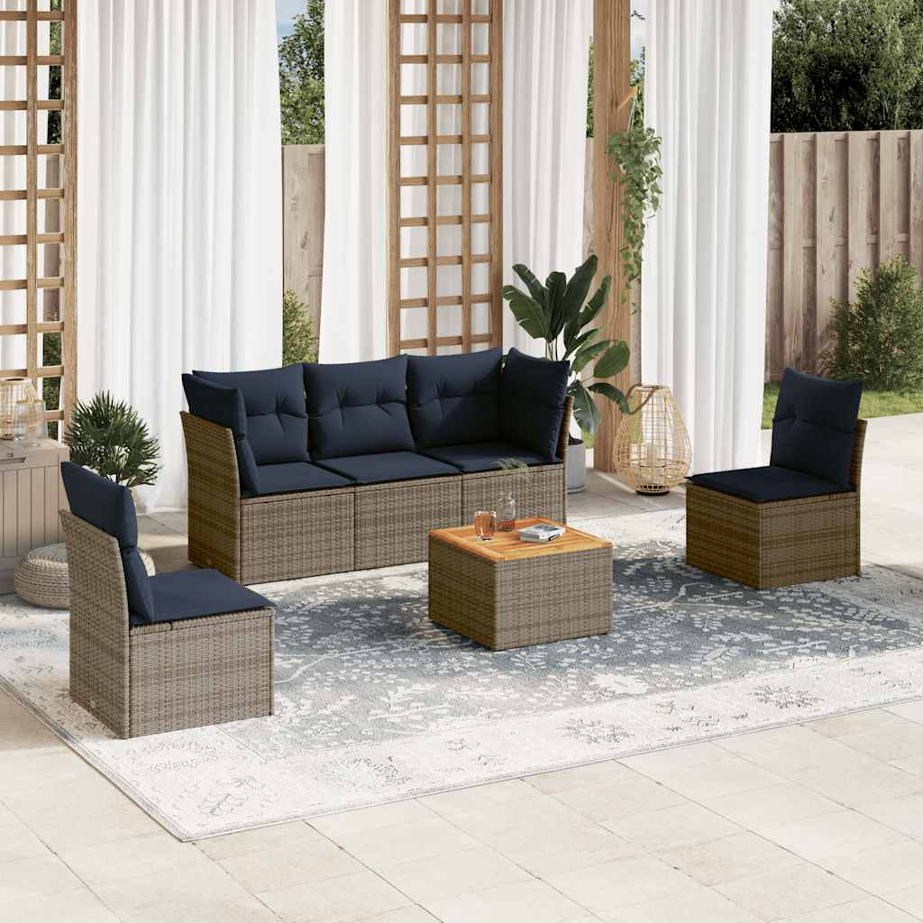 6 Pcs conjunto sofás p/ jardim c/ almofadões vime PE cinzento