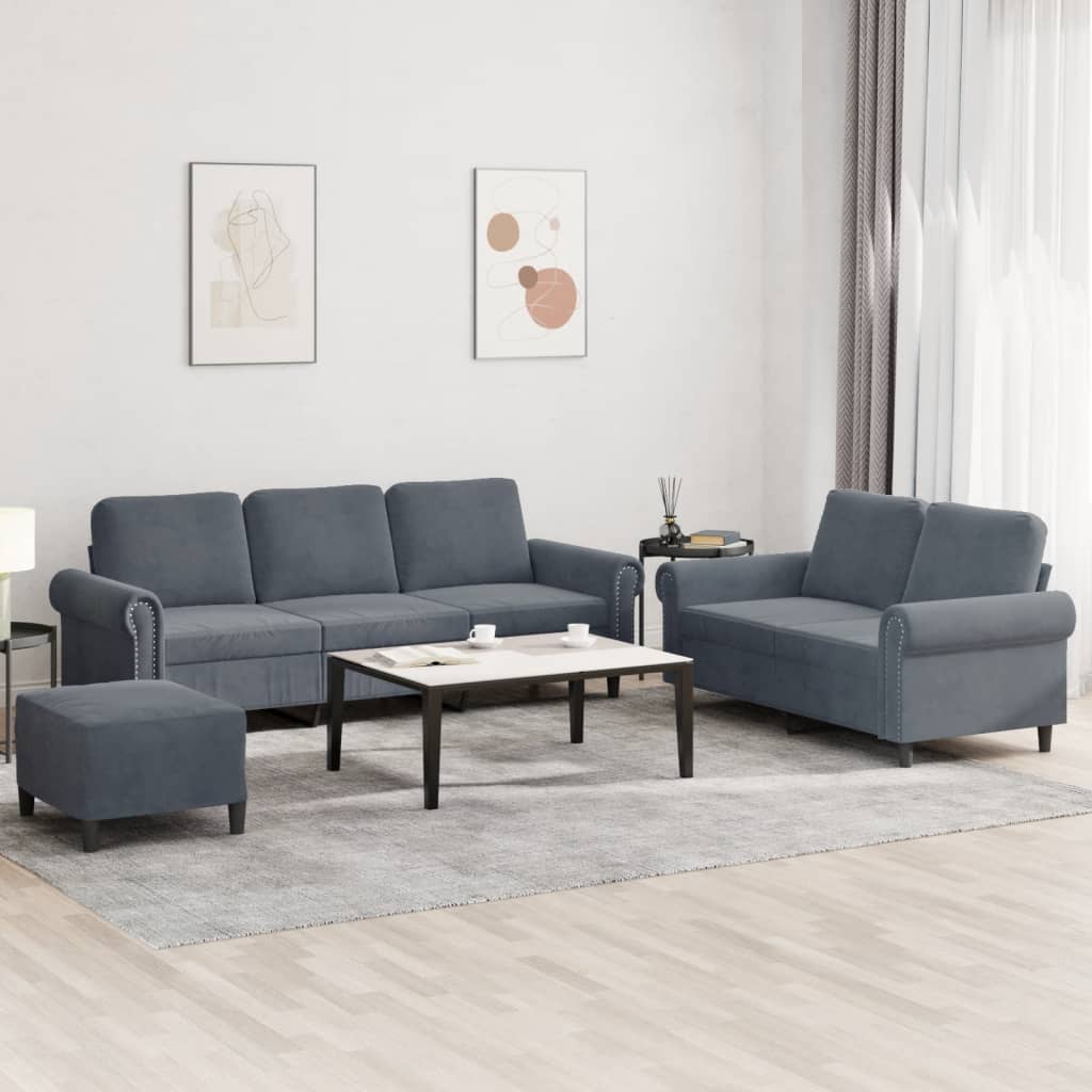 3 Pcs conjunto de sofás com almofadões veludo cinzento-escuro