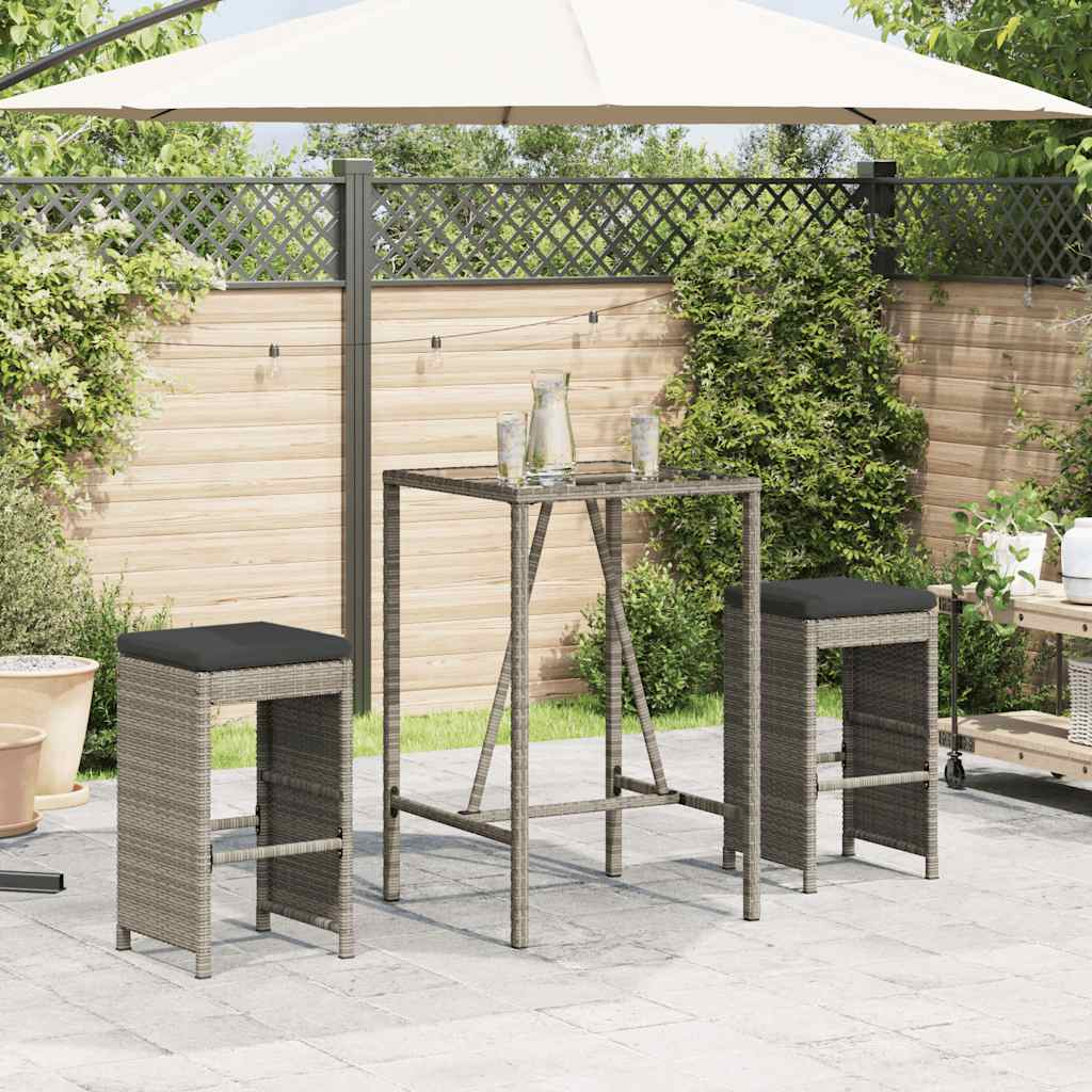 Bancos de bar p/ jardim com almofadões 2 pcs vime PE cinzento