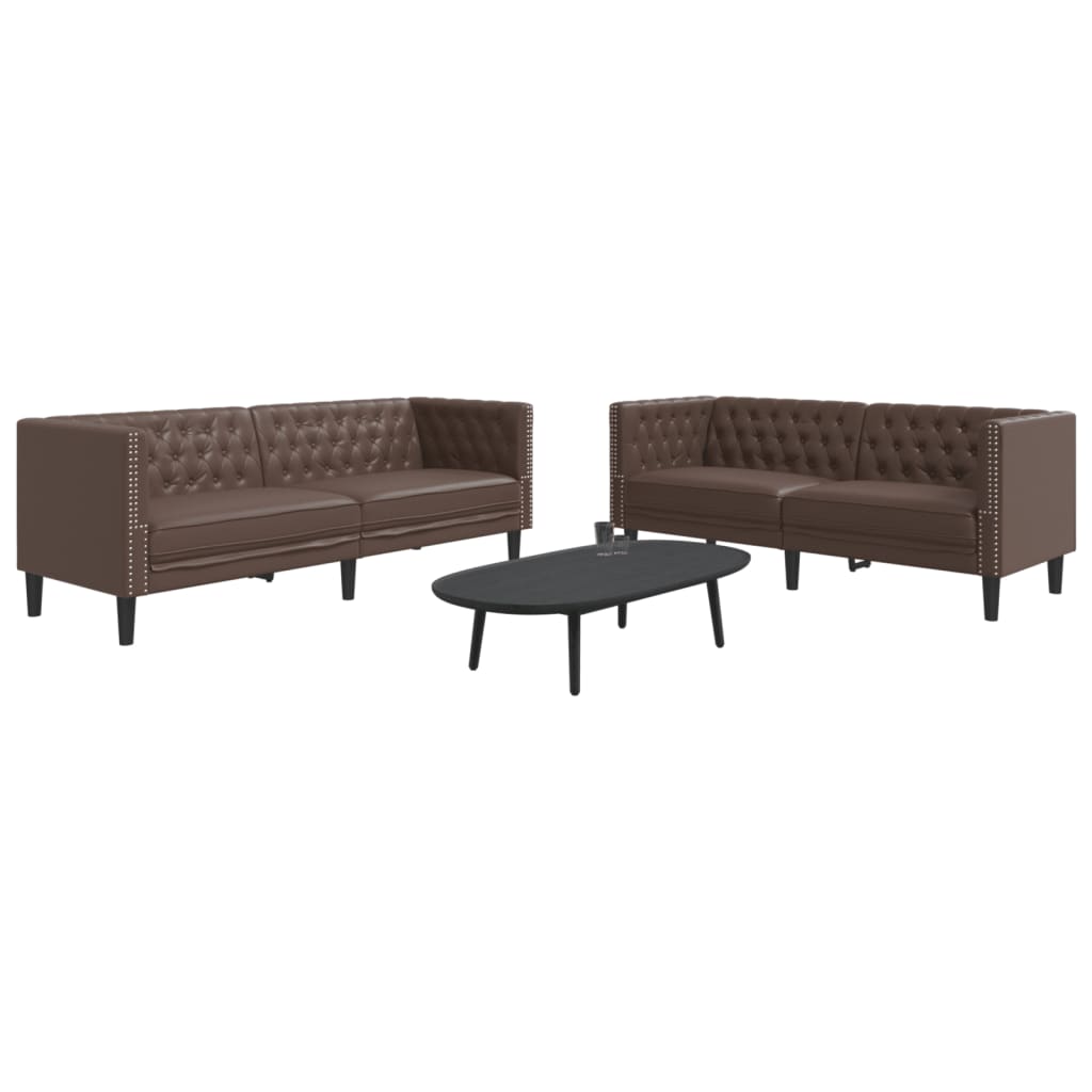 2 Pcs conjunto de sofás chesterfield couro artificial castanho