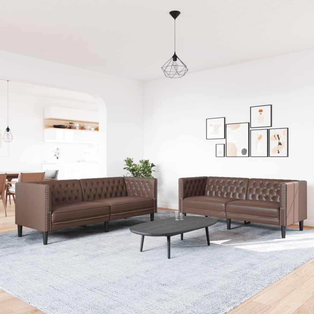 2 Pcs conjunto de sofás chesterfield couro artificial castanho
