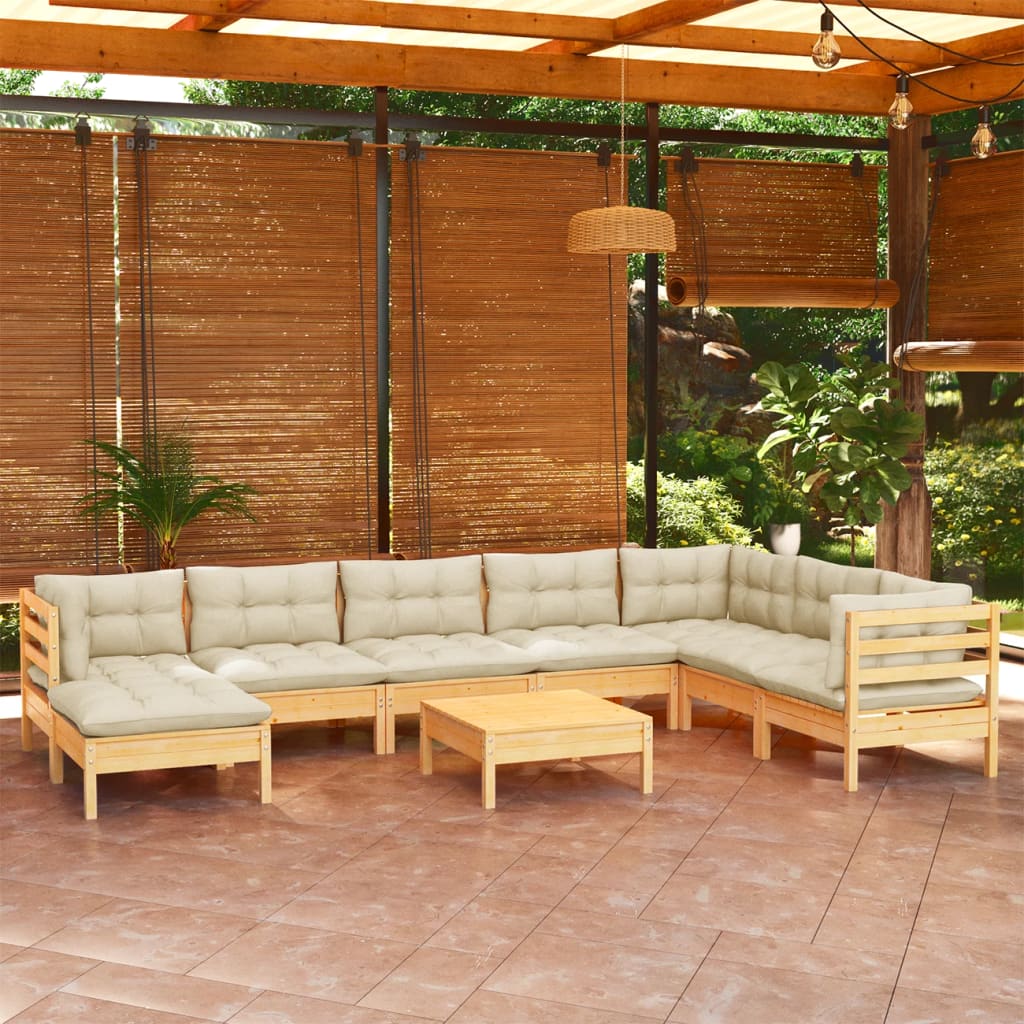 9 Pcs conjunto lounge jardim c/ almofadões creme pinho maciço