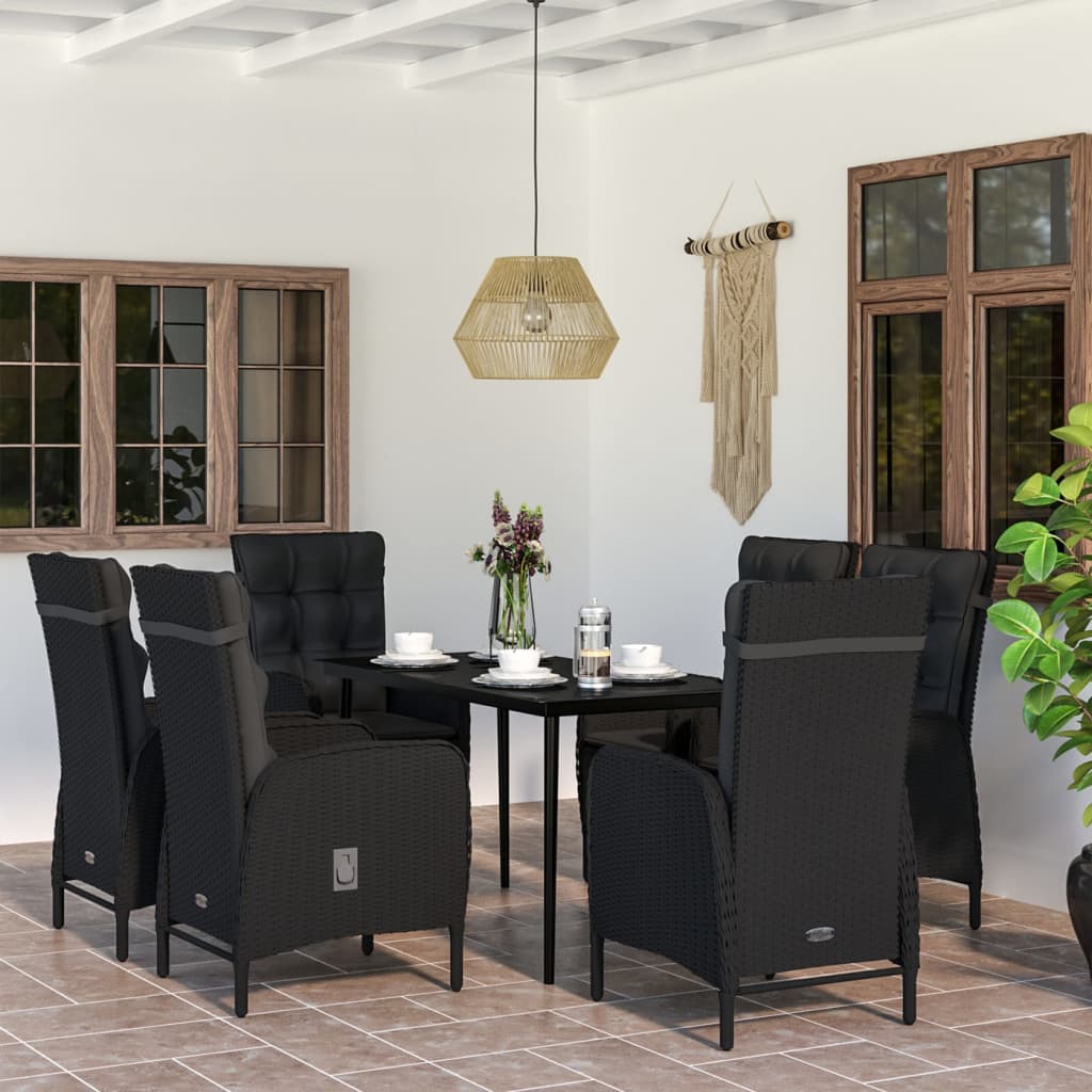 7 Pcs conjunto de jantar para jardim com almofadões preto