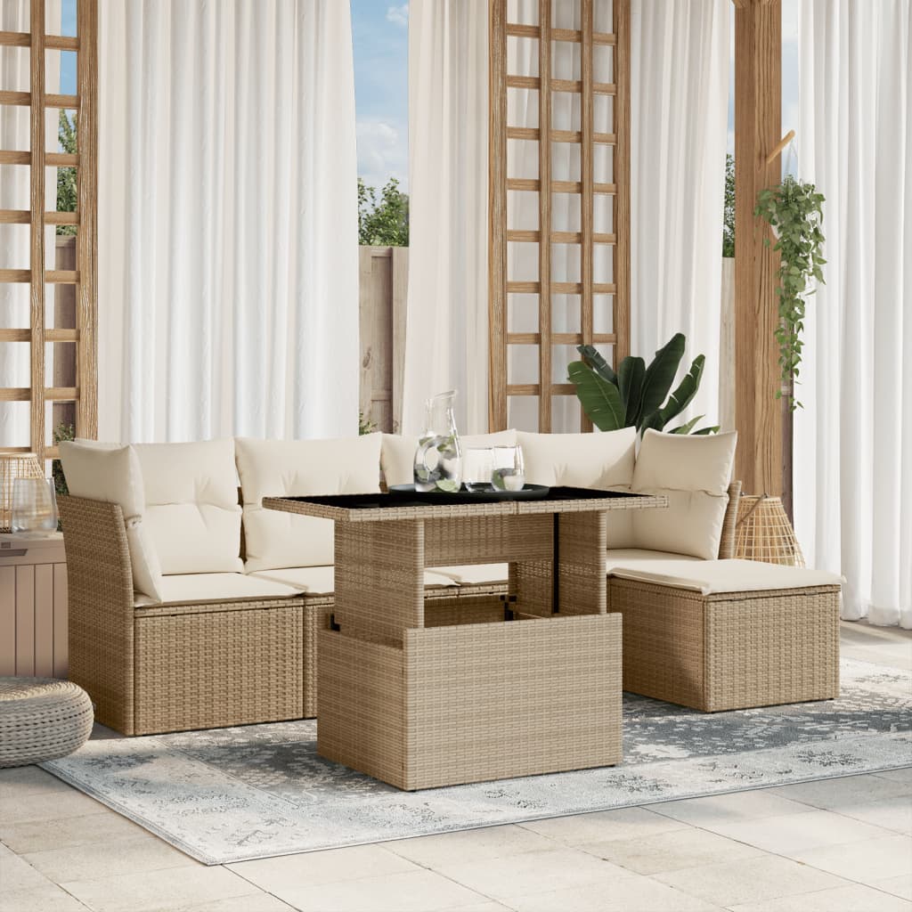 6 Pcs conjunto de sofás p/ jardim com almofadões vime PE bege