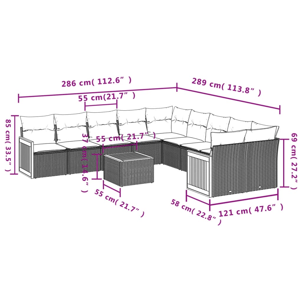 11 Pcs conjunto sofás de jardim c/ almofadões vime PE bege