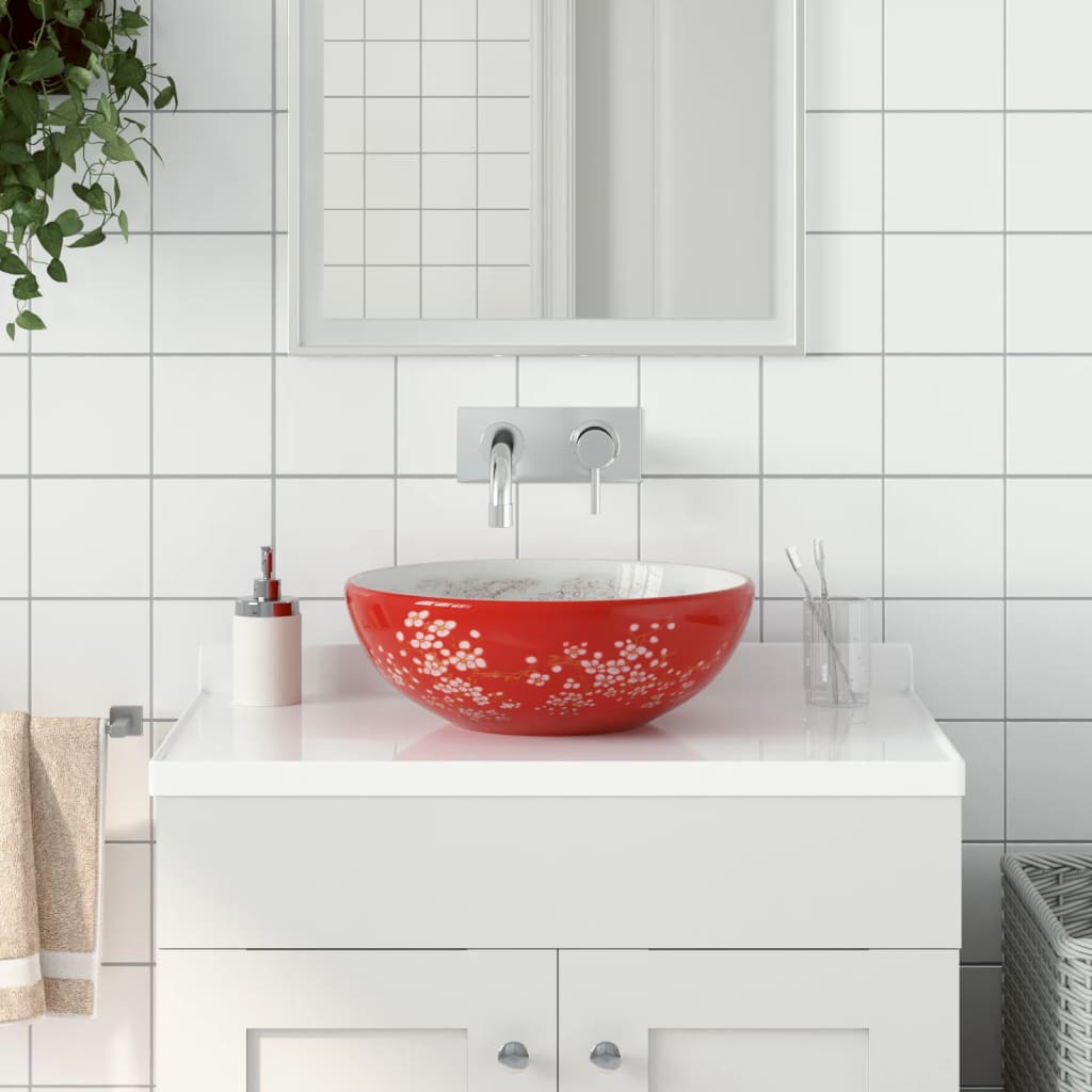 Lavatório de bancada redondo φ41x14 cm cerâmica branco/vermelho