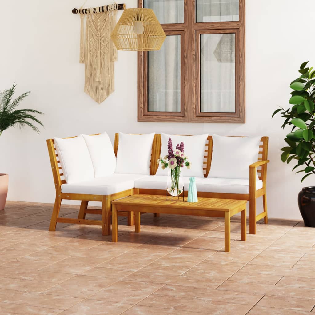4 Pcs conj. lounge jardim c/ almofadões cor creme acácia maciça