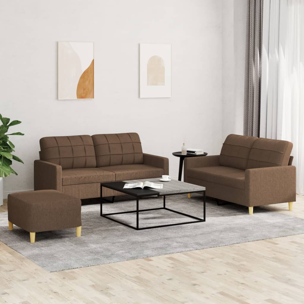 3 Pcs conjunto de sofás com almofadões tecido castanho