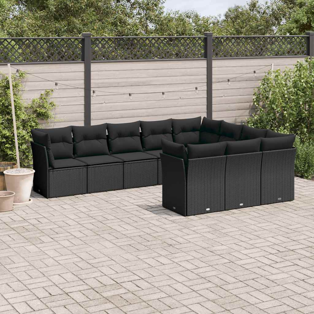 10 Pcs conjunto sofás de jardim c/ almofadões vime PE preto