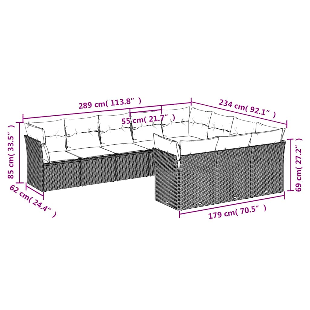 10 Pcs conjunto sofás de jardim c/ almofadões vime PE preto