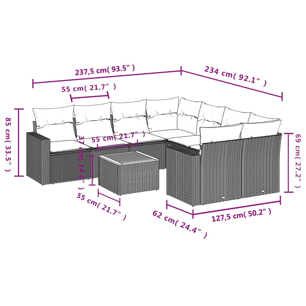 9 Pcs conjunto de sofás p/ jardim c/ almofadões vime PE preto